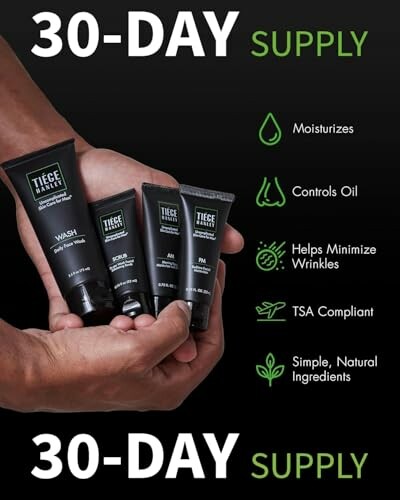 Hands holding Tiege Hanley skincare products with benefits listed.