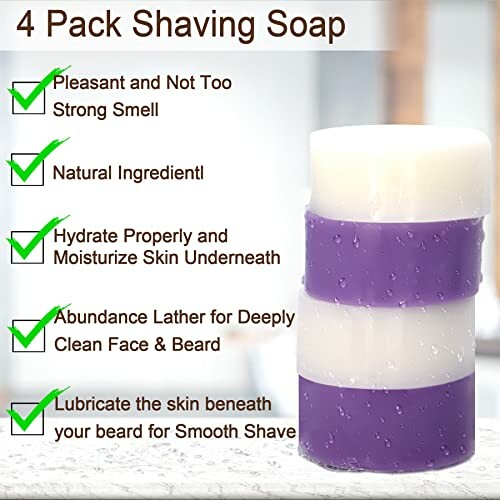 Four pack of shaving soap with benefits listed.