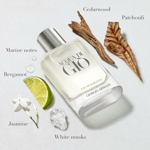 Perfume bottle with cedarwood, patchouli, lime, jasmine, and other notes.