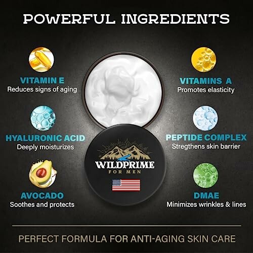 Powerful ingredients for anti-aging skin care with vitamin E, vitamins A, hyaluronic acid, peptide complex, avocado, and DMAE.