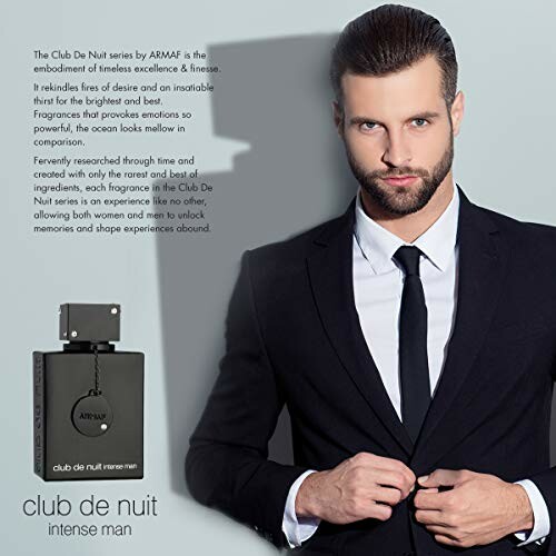 Man in suit with Armaf Club de Nuit Intense Man fragrance bottle.