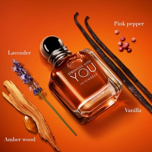 Armani perfume bottle with lavender, amber wood, pink pepper, and vanilla.