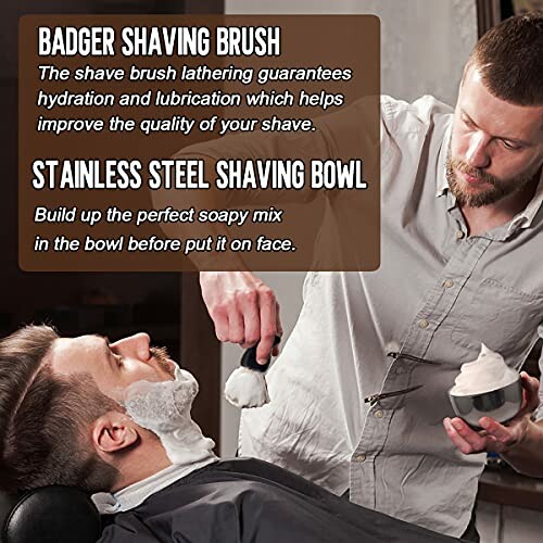 Barber applying shaving cream with brush to client's face.