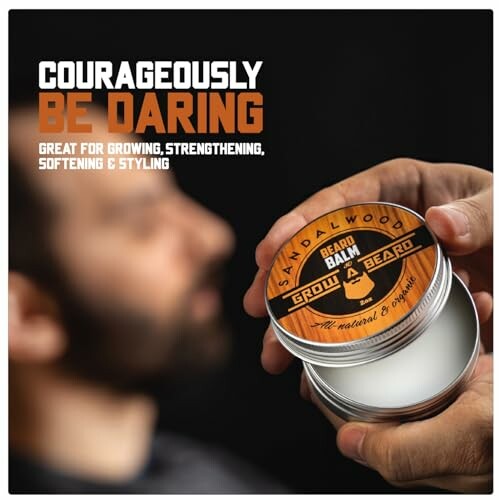 Beard balm tin with text promoting courage and beard care benefits.