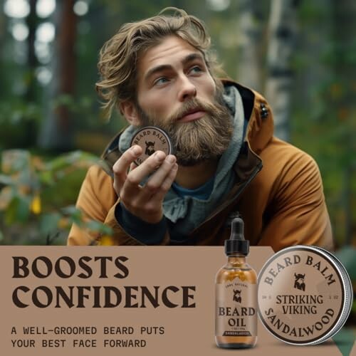 Man in forest holding beard balm, promoting beard oil and balm.