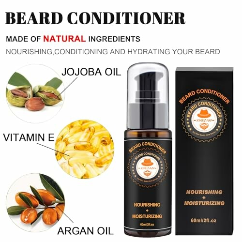 Beard conditioner with natural ingredients like jojoba oil, vitamin E, and argan oil.