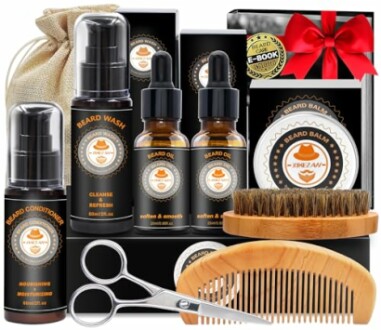 Beard grooming kit with oils, balm, brush, comb, scissors, and conditioner.