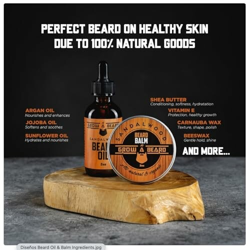Beard oil and balm with natural ingredients including argan oil, jojoba oil, sunflower oil, shea butter, vitamin E, and carnauba wax.
