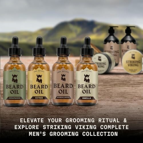 Striking Viking beard oil collection with various scents.