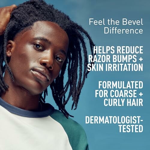 Person with dreadlocks in a skincare ad promoting Bevel products for razor bumps and curly hair.