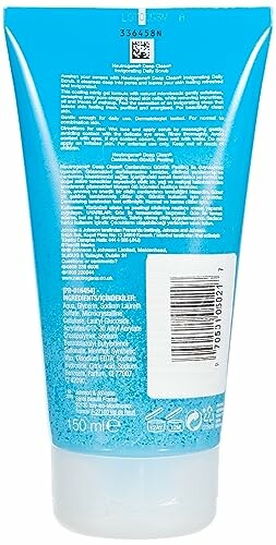 Back of a blue tube with text and barcode.