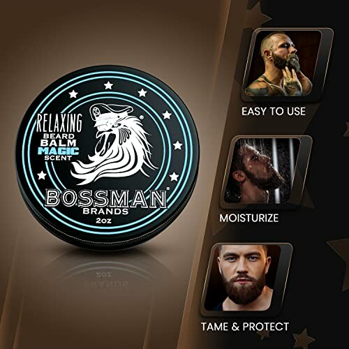 Bossman Brands relaxing beard balm with images showing easy use, moisturizing, and protection.