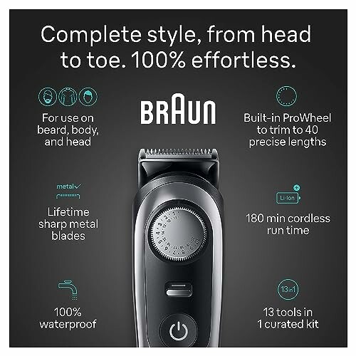 Braun all-in-one trimmer with features like metal blades, waterproof design, and 180 min run time.