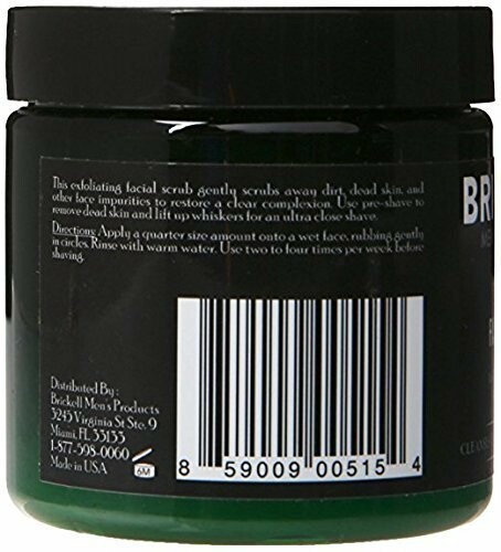 Back view of Brickell men's facial scrub jar with barcode and instructions.