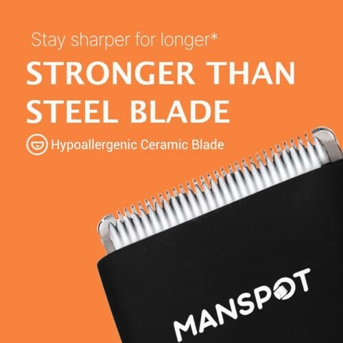 Close-up of hypoallergenic ceramic blade trimmer with text 'Stay sharper for longer, Stronger than steel blade'.
