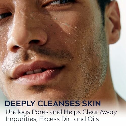 Close-up of a man's face demonstrating clean skin after using Nivea Men Maximum Hydration Deep Cleaning Face Scrub.