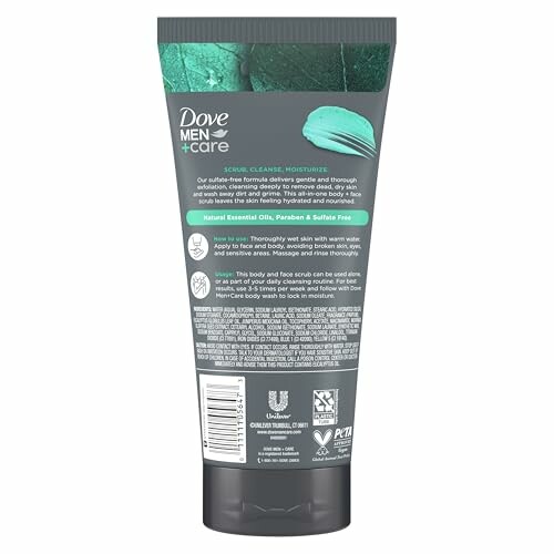 Back view of Dove Men+Care body and face scrub tube.