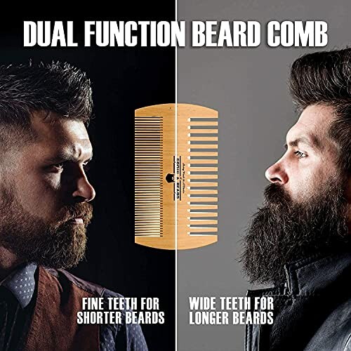 Dual function beard comb with fine and wide teeth for different beard lengths.