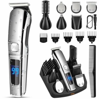 Electric grooming kit with multiple attachments and digital display.