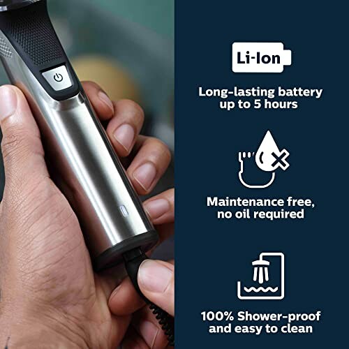 Electric trimmer showcasing features like long-lasting battery, maintenance-free, and shower-proof.