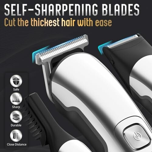 Electric trimmer with self-sharpening blades, designed to cut thick hair easily.