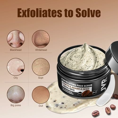 Exfoliating face scrub with coffee Arabica seed and AHA/BHA for skin issues.