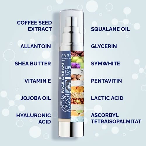 Face cream with ingredients listed: coffee seed extract, allantoin, shea butter, vitamin E, jojoba oil, hyaluronic acid, squalane oil, glycerin, Symwhite, Pentavitin, lactic acid, ascorbyl tetraisopalmitate.