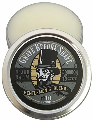Grave Before Shave beard balm in a metal tin with bourbon scent.