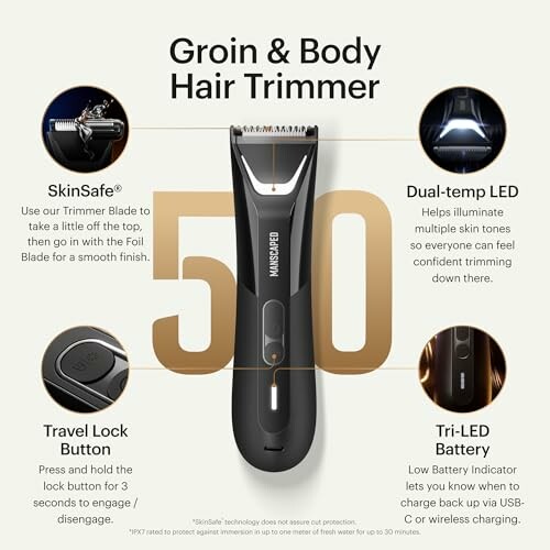 Image of a groin and body hair trimmer highlighting features such as SkinSafe, dual-temp LED, travel lock button, and tri-LED battery.