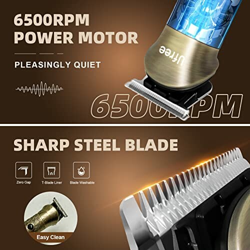 Hair trimmer with 6500RPM power motor and sharp steel blade.