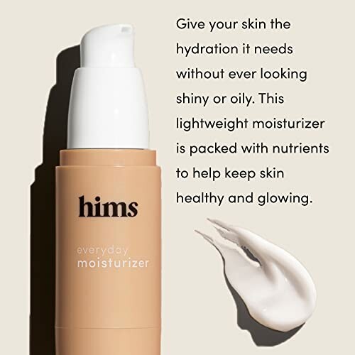 Hims everyday moisturizer bottle with product description and cream texture.