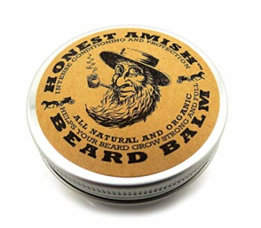 Honest Amish Beard Balm tin with illustration of bearded man.