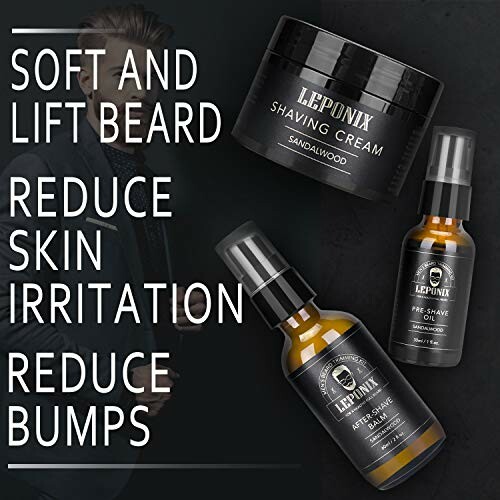 Leponix shaving cream, pre shave oil, and after shave balm with benefits listed.