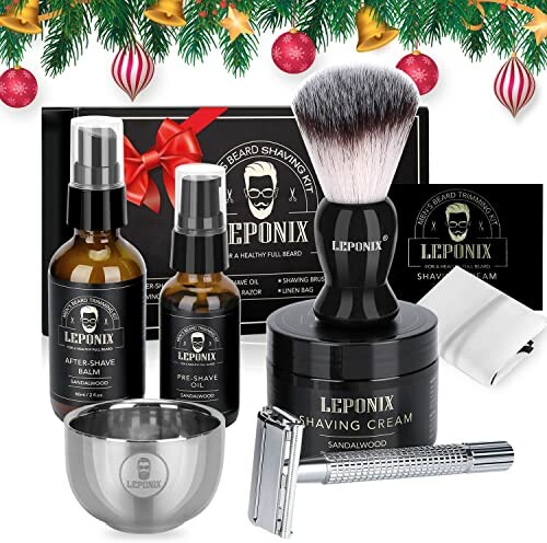 Leponix shaving kit with brush, cream, razor, and accessories.