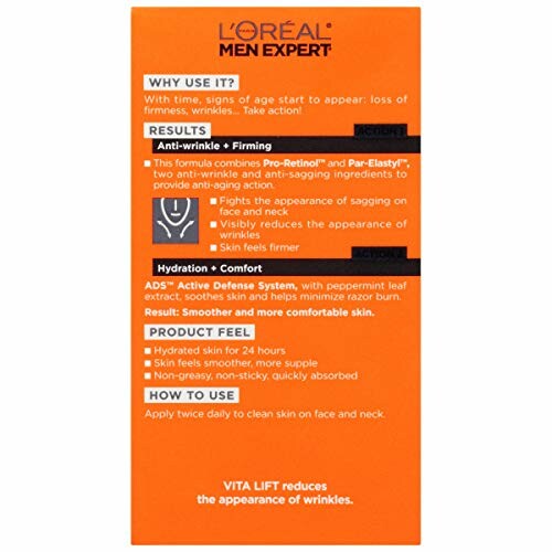 L'Oreal Men Expert anti-aging cream packaging with details on benefits and ingredients.