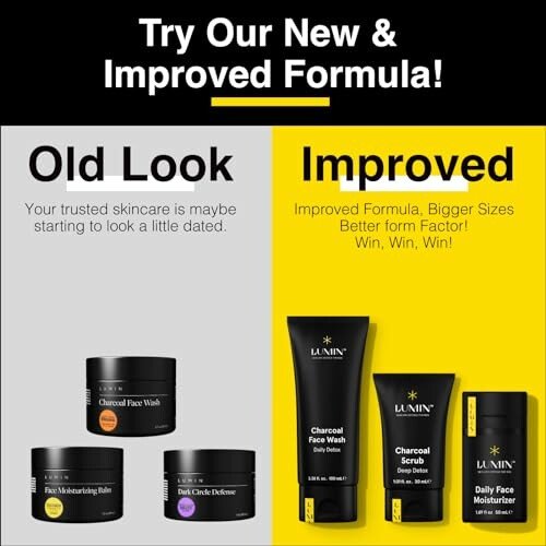 Comparison of old and improved Lumin skincare products.