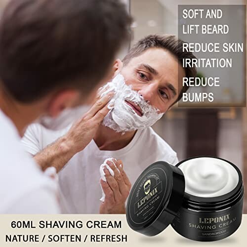 Man applying shaving cream in front of a mirror with product image and benefits listed.
