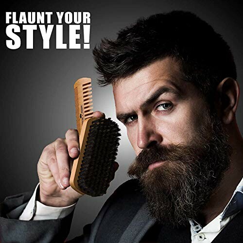 Man with beard holding a brush, flaunt your style text