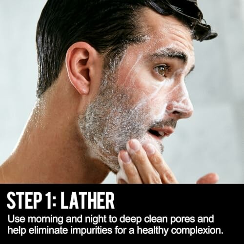 Man lathering face with cleanser for deep cleaning.
