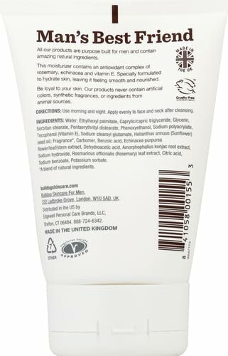 Back label of men's moisturizer tube detailing ingredients and usage.