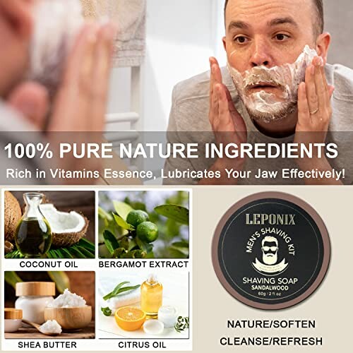 Man using shaving kit with natural ingredients like coconut oil and shea butter.