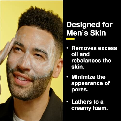 Man applying skincare product with benefits listed: removes excess oil, minimizes pores, lathers to creamy foam.
