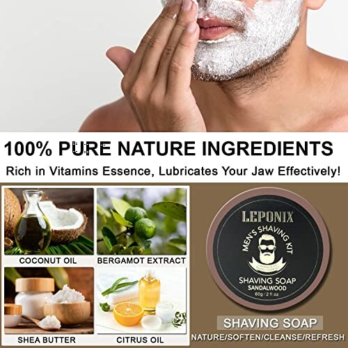 Man applying shaving soap with natural ingredients like coconut oil, bergamot extract, shea butter, citrus oil.