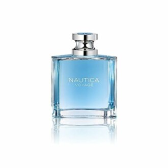 Nautica Voyage perfume bottle with blue liquid and silver cap