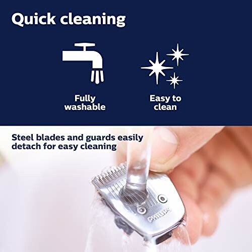 Trimmer being washed under tap, highlighting easy cleaning.