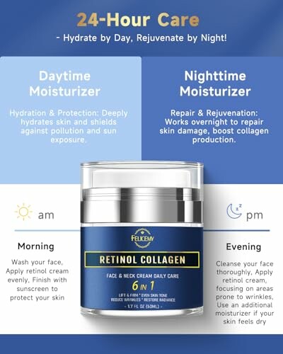 Retinol collagen moisturizer for day and night care.
