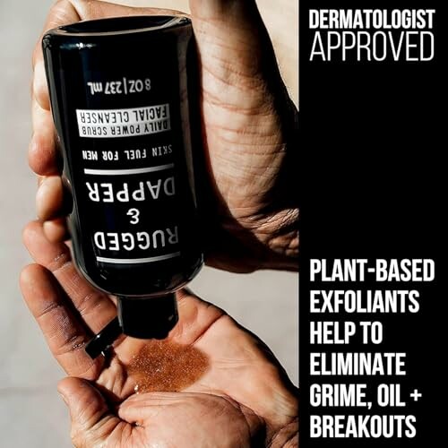 Hands holding Rugged & Dapper face cleanser with text about plant-based exfoliants.