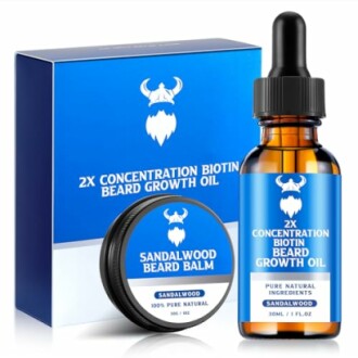 Sandalwood beard growth oil and balm set with packaging.