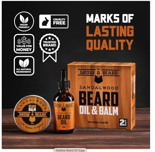 Sandalwood beard oil and balm set with quality certifications.
