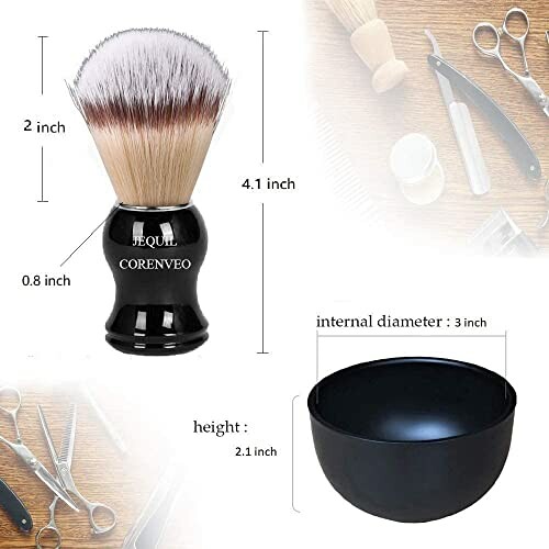 Shaving brush with dimensions and black bowl.